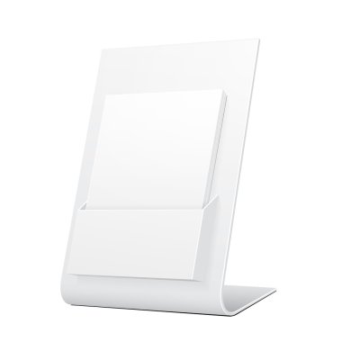 Beyaz POS POI karton boş kutu tutucusu reklam broşürleri, broşürler ve ürünler için. Beyaz arka planda izole edilmiş bir resim. Tasarımınız için şablonu hazırlayın. Vektör EPS10