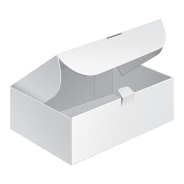 Beyaz ürün karton ambalajlama kutuyu açtın. İllüstrasyon izole beyaz arka plan üzerinde. Şablon hazır tasarımınız için alay. Vektör Eps10