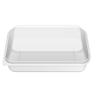 Beyaz Boş Stil Köpük Plastik Yemek Tepsisi Kutusu, Kapak. Beyaz arka planda izole edilmiş bir resim. Tasarımınız için şablonu hazırlayın. Vektör EPS10