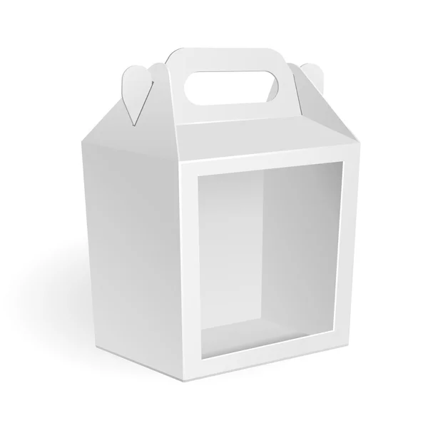 Witte kartonnen Carry Box verpakking venster voor voedsel, cadeau of andere producten. Geïsoleerd op een witte achtergrond. Mock Up, Mockup sjabloon klaar voor uw ontwerp. Vector Eps10 — Stockvector