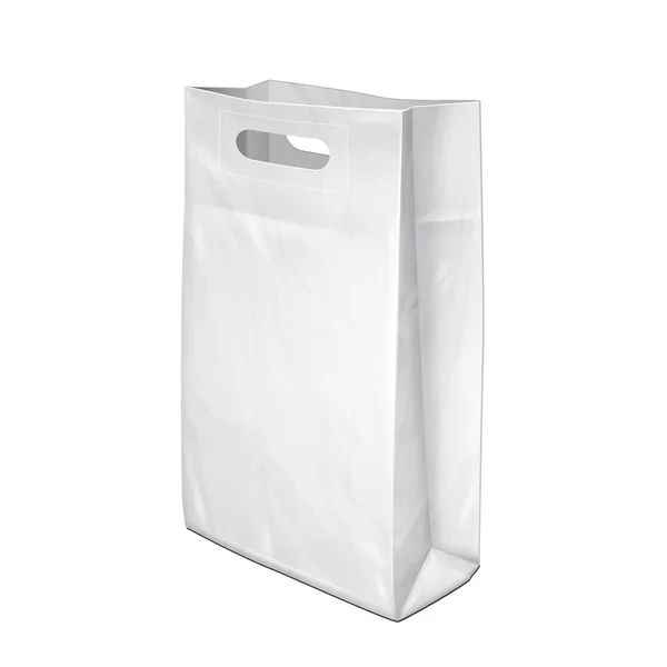 取り扱いパッケージグレースケールホワイトの使い捨て紙またはプラスチックショッピングバッグ。白い背景に分離されたイラスト。あなたのデザインの準備ができてテンプレートをモックアップ。製品パッキングベクトルEps10 — ストックベクタ