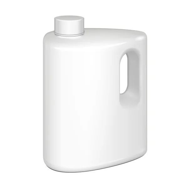 Huile de jerrycan en plastique blanc, nettoyant, détergent, abstergène, savon liquide, lait, jus. Illustration isolée sur fond blanc. Modèle maquillé prêt pour votre conception. Vecteur EPS10 — Image vectorielle