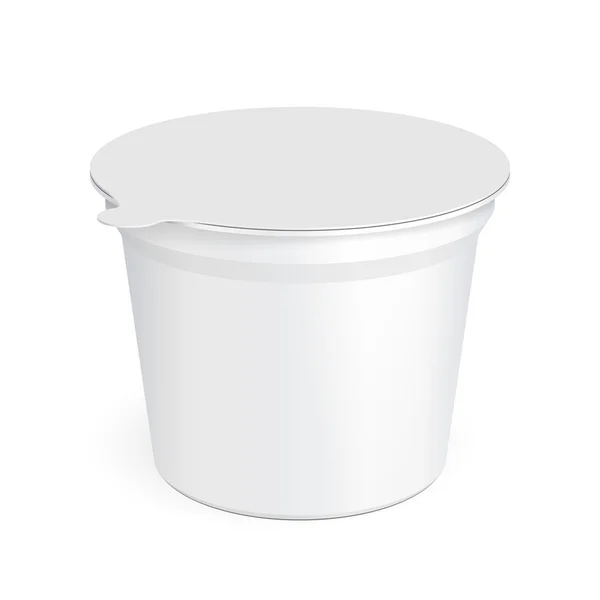 Contenedor de cubo de bañera de plástico de comida blanca para postre, yogur, helado, crema agria o merienda. Ilustración Aislado sobre fondo blanco. Plantilla Mock Up listo para su diseño. Producto Embalaje — Vector de stock