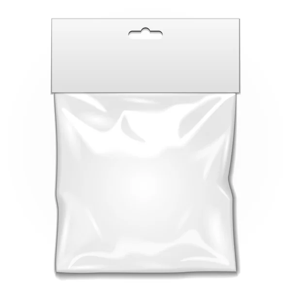 Beyaz boş plastik cep torbası. Şeffaf. Asmak yuvası ile. İllüstrasyon izole beyaz arka plan üzerinde. Şablon hazır tasarımınız için alay. Vektör Eps10