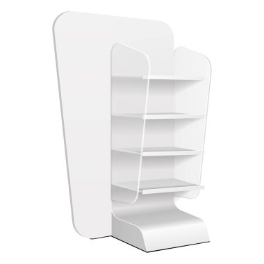 Mukavva Perakende Rafları Raflar Süpermarket Boşluğu için Rafları Göster Model Yukarı. Beyaz arka planda 3D izole edildi. Tasarımına hazırım. Ürün Reklamcılığı. Vektör EPS10