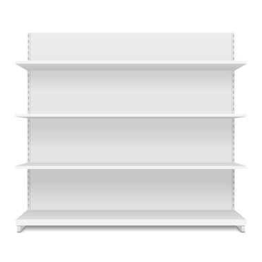 Satış raflarıyla Beyaz Boş Vitrin Gösterimi. Ön Görünüm 3 boyutlu. Beyaz arka planda izole edilmiş bir resim. Tasarımınız için şablonu hazırlayın. Ürün Paketleme Vektörü EPS10
