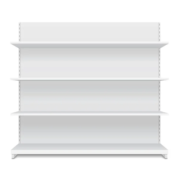 Witte lege lege vitrine display met Retail Planken. Vooraanzicht 3D. Afbeelding Geïsoleerd op witte achtergrond. Mock up sjabloon klaar voor uw ontwerp. Product verpakkingsvector EPS10 — Stockvector