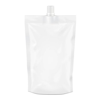 Beyaz Blank Doy paketi, Doypack Foil Food ya da Spout Lid 'li Poşet İçme. Beyaz arka planda izole edilmiş bir resim. Tasarımınız için şablonu hazırlayın. Ürün paketleme. Vektör EPS10