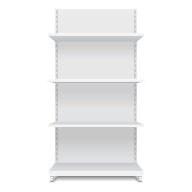 Satış raflarıyla Beyaz Boş Vitrin Gösterimi. Ön Görünüm 3 boyutlu. Beyaz arka planda izole edilmiş bir resim. Tasarımınız için şablonu hazırlayın. Ürün Paketleme Vektörü EPS10
