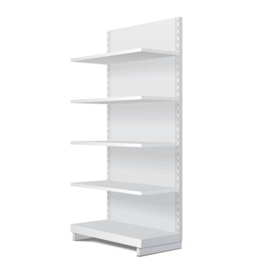 Satış raflarıyla Beyaz Boş Vitrin Gösterimi. Bakış açısı 3 boyutlu. Beyaz arka planda izole edilmiş bir resim. Tasarımınız için şablonu hazırlayın. Ürün Paketleme Vektörü EPS10