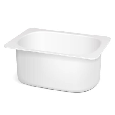 Mockup White Open Bardak Küveti Plastik Yiyecek Kutusu Tatlı, Yoğurt, Dondurma, Ekşi Krema veya Atıştırmalık. Beyaz arka planda izole edilmiş bir resim. Tasarımınız için şablonu hazırlayın. Vektör EPS10