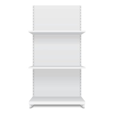 Satış raflarıyla Beyaz Boş Vitrin Gösterimi. Ön Görünüm 3 boyutlu. Beyaz arka planda izole edilmiş bir resim. Tasarımınız için şablonu hazırlayın. Ürün Paketleme Vektörü EPS10
