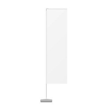 Beyaz Açık Hava Tüy Bıçağı Düz Tüy Bayrağı, Stander Reklam Sancakları Kalkanı. Beyaz arka planda izole edilmiş bir resim. Tasarımınız için şablonu hazırlayın. Ürün Paketleme Vektörü EPS10