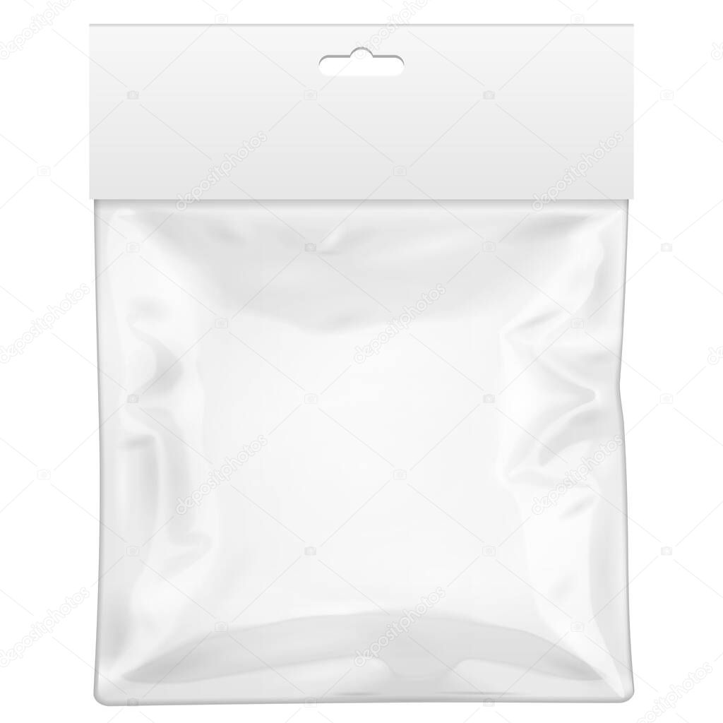 White Blank Plastic Pocket Bag With Shadow. Transparent. With Hang Slot. Illustration Isolated On White Background. Mock Up Template Ready For Your Design. Vector EPS10