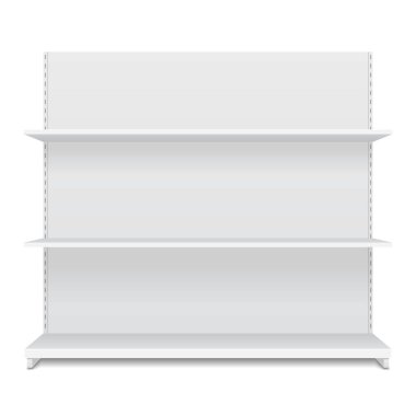 Mockup Blank Boş Vitrin Satış Raflarıyla Görüntüleme. Ön Görünüm 3 boyutlu. Beyaz arka planda izole edilmiş bir resim. Tasarımınız için şablonu hazırlayın. Ürün Paketleme Vektörü EPS10