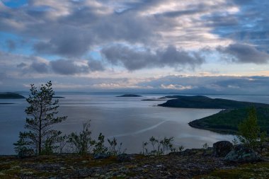 Beyaz Deniz 'de bir adada körfez. Akşam yağmurundan sonra Kuzey Denizi adasında.