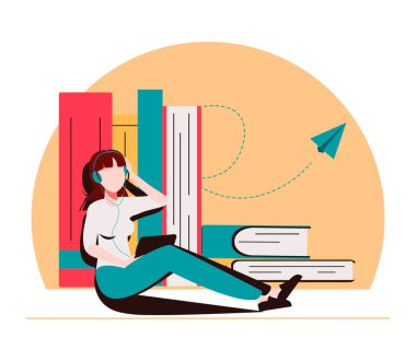 Kulaklıklı kitapların yanında oturan ve onları internetten dinleyen bir kız. Çevrimiçi okuma, kütüphane, e-kitap, online eğitim kavramı. Dünya kitap okuma günü afiş, broşür, ilan için sevimli illüstrasyonlar.