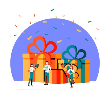 Neşeli insanların vektör çizimi, çalışanlar hediye alıyor, iyi bir iş için online ödül, tatil kurumsal vektörü
