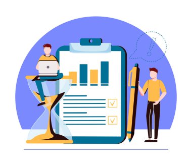 Yapılacaklar listesi ve görev stratejisi olan verimlilik yönetimi küçük insan konsepti. Proje planlama, kontrol ve organizasyon vektör illüstrasyonundan dolayı tam zamanında çalışma ilerlemesi. Başarılı sembol