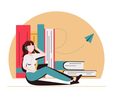 Kulaklıklı kitapların yanında oturan ve onları internetten dinleyen bir kız. Çevrimiçi okuma, kütüphane, e-kitap, online eğitim kavramı. Dünya kitap okuma günü afiş, broşür, ilan için sevimli illüstrasyonlar.