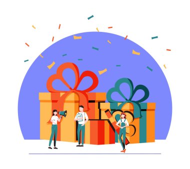 Neşeli insanların vektör çizimi, çalışanlar bir hediye alıyor, iyi bir iş için online ödül, tatil şirketleri 