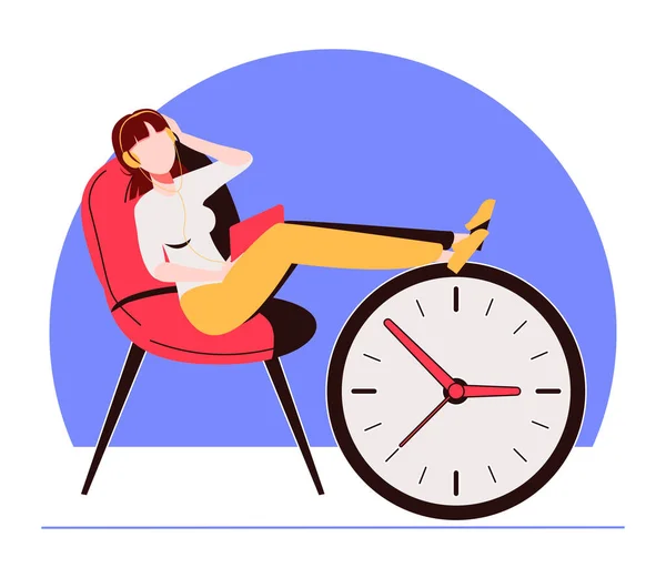 Procrastinating woman sitting in the office with her legs up on an alarm watch. Procrastination and laziness concept. — Stock Vector