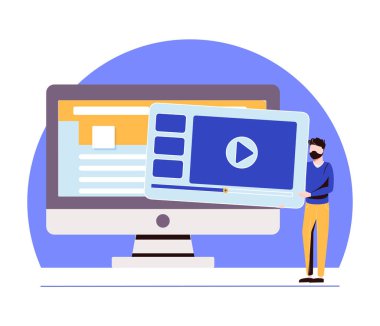Web sitesine bilgi ekleyen bir adam. Dijital içerik oluşturma ve yönetimi kavramı, İnternet yayını, çevrimiçi veri yayınlama. Pankart için modern düz renkli vektör illüstrasyonu, poster.