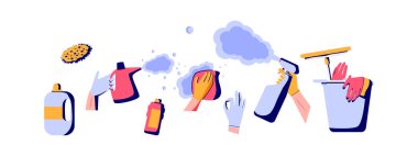 Kova dolusu temizlik malzemeleri, şişeler, sprey, sünger, fırça, eldiven. Çeşitli temizlik malzemeleri. Ev işi konsepti. El çizimi Vektör çizimleri. Tüm elementler izole edildi