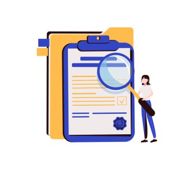 Elinde büyüteç tutan ve belgeyi inceleyen kadın. İş analizi, denetim, profesyonel belge kontrolü, soruşturma, teftiş kavramı. Modern düz renkli vektör çizimi.