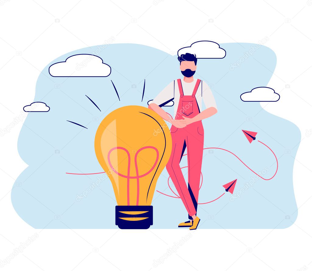 Man carrying glowing lightbulb with brain inside. Concept of brainstorming, power of intelligence, creative thinking, innovative idea generation. Modern flat colorful vector illustration for banner.