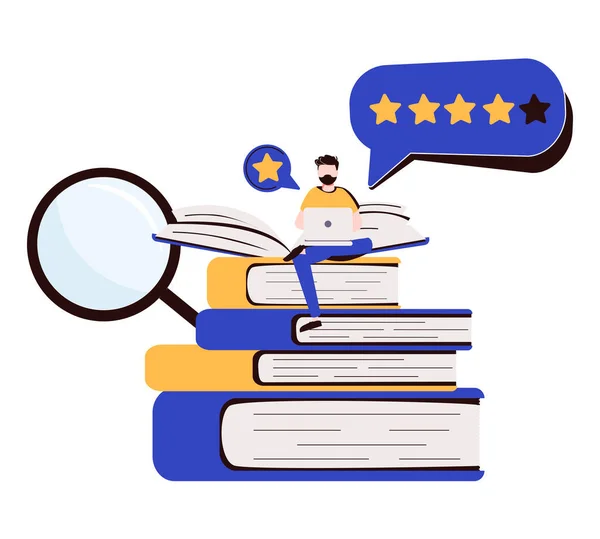 本のレビューベクトル図 フィードバックを読むことは小さい人の概念 品質評価と評価のための文献専門分析 意見発表付きの選択レポートシーン — ストックベクタ