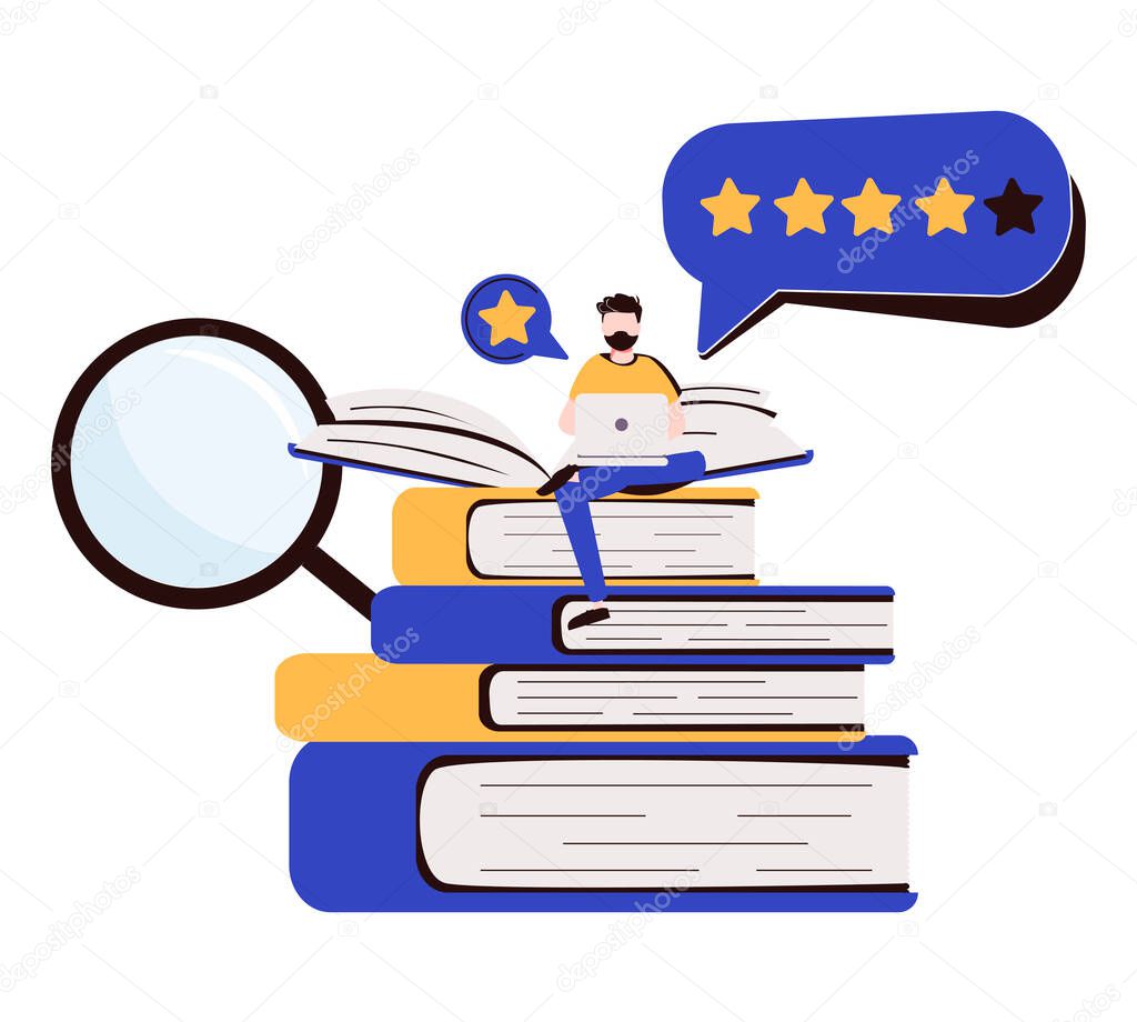Book review vector illustration. Reading feedback flat tiny persons concept. Literature professional analysis for quality rating assessment and appraisal. Choice report scene with opinion publication.