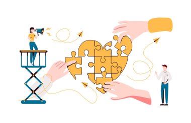 Sağlık konsepti. yassı küçük insan vektör çizimi. Sağlık ekibi birlik içinde çalışıyor ve soyut yönetiyor.