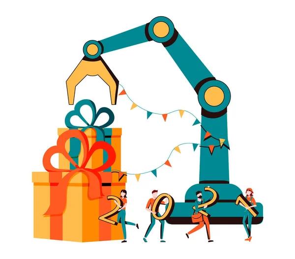 Ilustración vectorial de personas alegres, empleado recibe un regalo, recompensa en línea por un buen trabajo, vacaciones corporativas — Vector de stock