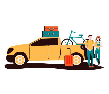 Aile kamp gezisi konsepti, yassı minik insan vektör çizimi. Günbatımında tatil tatili