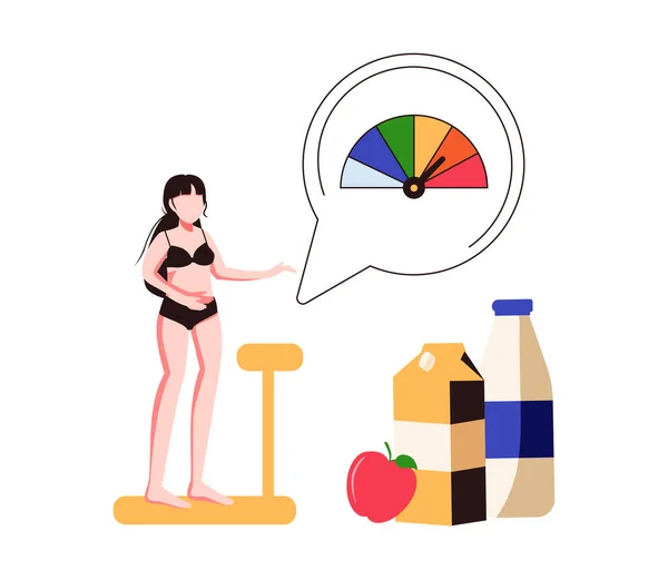 Escalas de gráfico de mulheres e obesos ilustração vetorial plana isolada. Cartoon pessoa na dieta tentando controle de peso com IMC. — Vetor de Stock