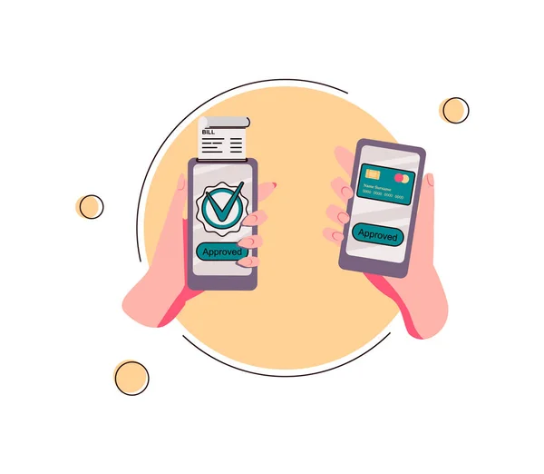 Money transaction online concept. Mobile payments using smartphone. Hand holding a mobile phone and credit card transfer — Stockvector