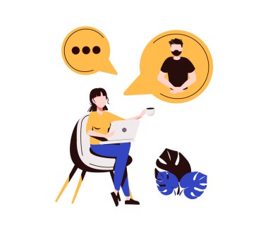 Güzel bir kadın, erkek arkadaşıyla ya da meslektaşıyla görüntülü konuşma yapmak için dizüstü bilgisayar kullanıyor. İnternetten konuşan arkadaşlar. Çevrimiçi eğitim