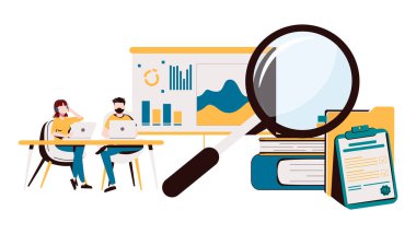 İş dünyasının vektör illüstrasyonu, ofis çalışanları evrimsel ölçek vektörünün analizi olan bilgiyi inceliyorlar.