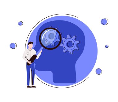 Psikoloji, duygusal karmaşayı çözmek için açık zihin terapisi olarak kullanılıyor. Endişe ve hüsran için özel oturum ziyareti olarak sembolik baş araştırma sahnesi vektör illüstrasyonunu desteklemeye yardımcı olur