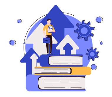 İşadamı bilgi için bir yığın kitabın üstüne çıkıyor. Eğitim ve profesyonel kariyer kavramı. MBA. 