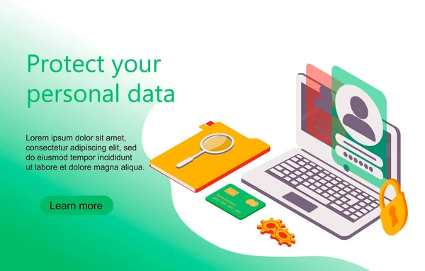 Seguridad de los datos personales en la ilustración vectorial isométrica. Concepto de sistema de protección de servidor de archivos en línea con computadora y — Archivo Imágenes Vectoriales