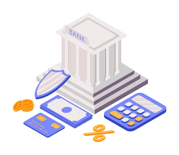 Isometrische pictogrammen voor bankgebouwen. Isometrische social banking concept, veiligheid online betalingen — Stockvector
