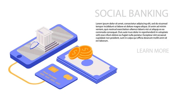 Isometrische social banking concept, veiligheid online betalingen — Stockvector