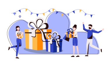 Bir grup genç sürpriz bir partide doğum gününü kutluyor. Arkadaşlar hediye kutularını doğum günü kızına veriyor. Kutlama için vektör illüstrasyonu, festival etkinliği, hediyeler, eğlence konsepti