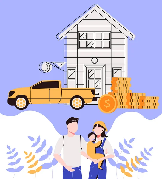 Familia Con Niños Ahorra Dinero Comprar Casa Coche Pobreza Riqueza — Archivo Imágenes Vectoriales