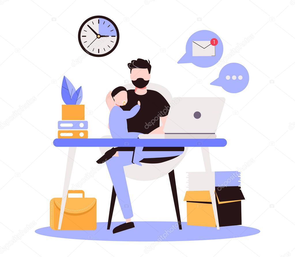 Freelancer with child working on laptop. Parent working with son. Home office. Remote worker, employee schedule, flexible schedule concept. Pink coral blue vector isolated illustration