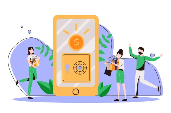 Cash Back concept ontwerp, mensen krijgen cash beloningen en cadeau van online winkelen, Geschikt voor web landing page, ui — Stockvector