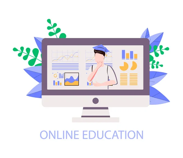 Educação on-line ou conceito de exame à distância, tela com professor, estudando no laptop. —  Vetores de Stock