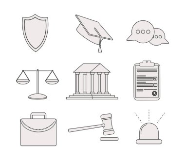 Hukuk ve adalet çizgisi simgeleri vektör illüstrasyonunu ayarladı